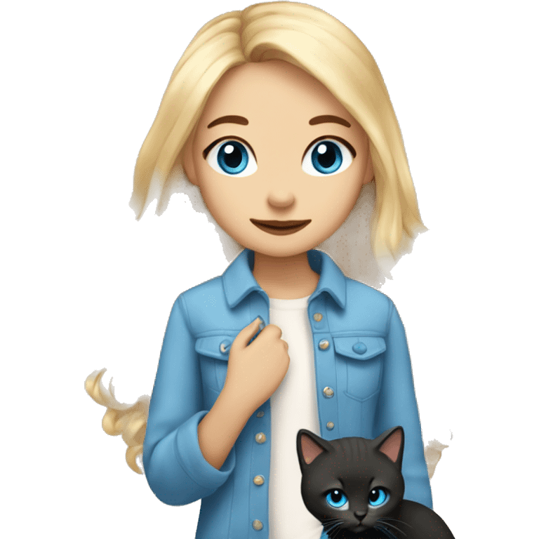 Blondir girl with blue eyes and middle long hair and she has in hand little black kitty with long cat hair  emoji