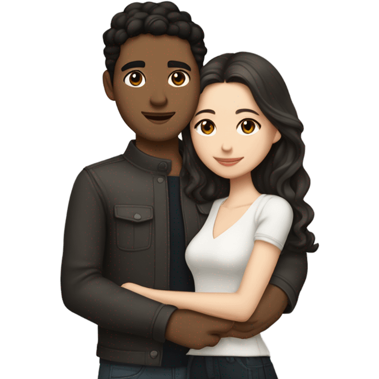 A pale half Asian man with short dark hair and amber eyes embracing and loving a white woman with long wavy brunette hair and dark hazel eyes. They love each other a lot And have good fashion taste and are hugging each other tight  emoji