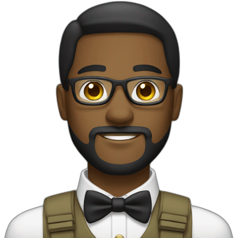 black soldier with beard, part in black hair, white collared shirt, bow tie, gold glasses, bulletproof vest  emoji