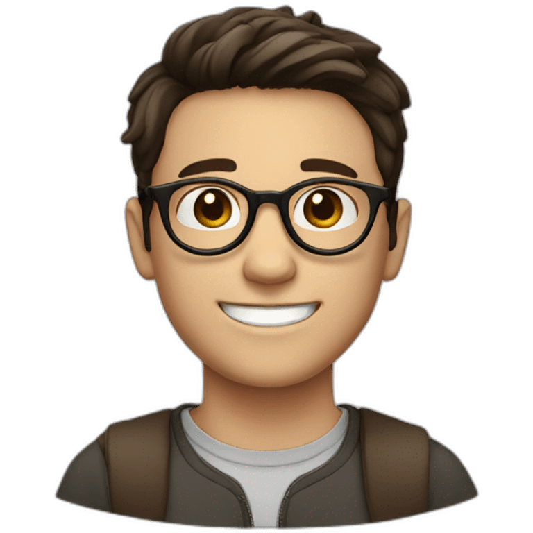 white boy with dark brown hair with circle brown glasses and a smile emoji