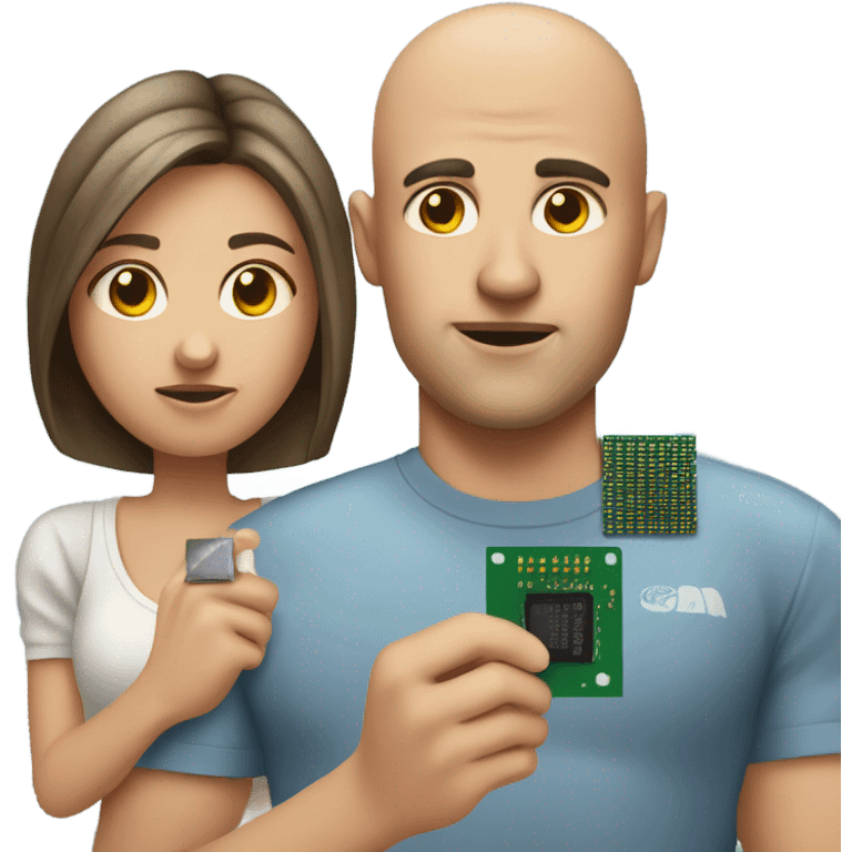 unhappy, bald young man, on his hand there is semiconductor chip with his girlfriend emoji