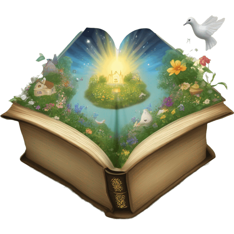 Holy Bible with a magical garden with fairies, doves, whimsical garden coming out from it  emoji