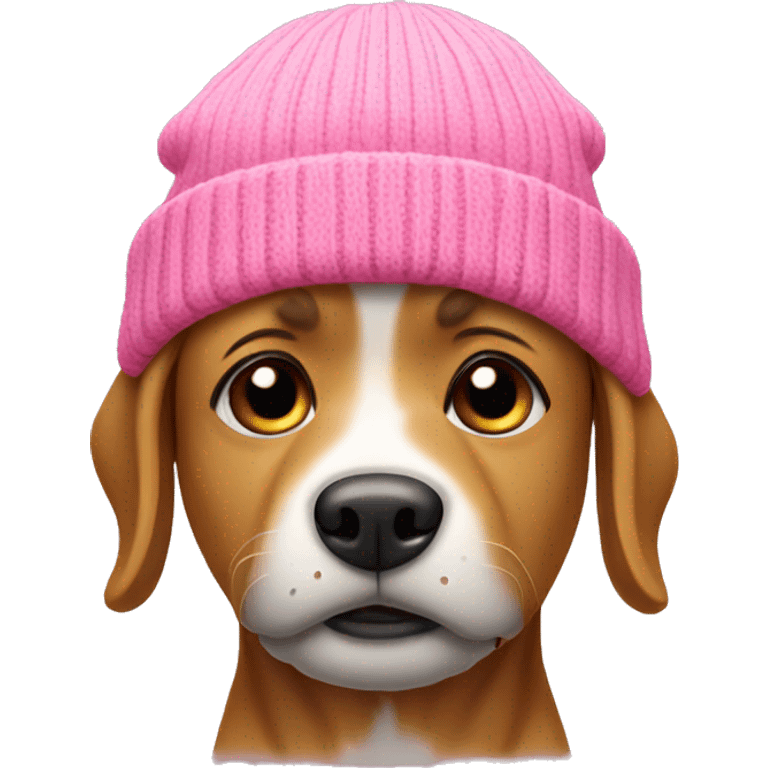 A crying dog wearing a pink beanie emoji