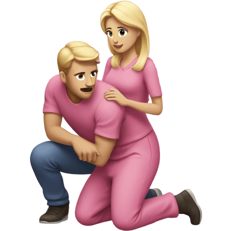 Man kneeling in front of woman standing with pink clothes and blonde hair  emoji