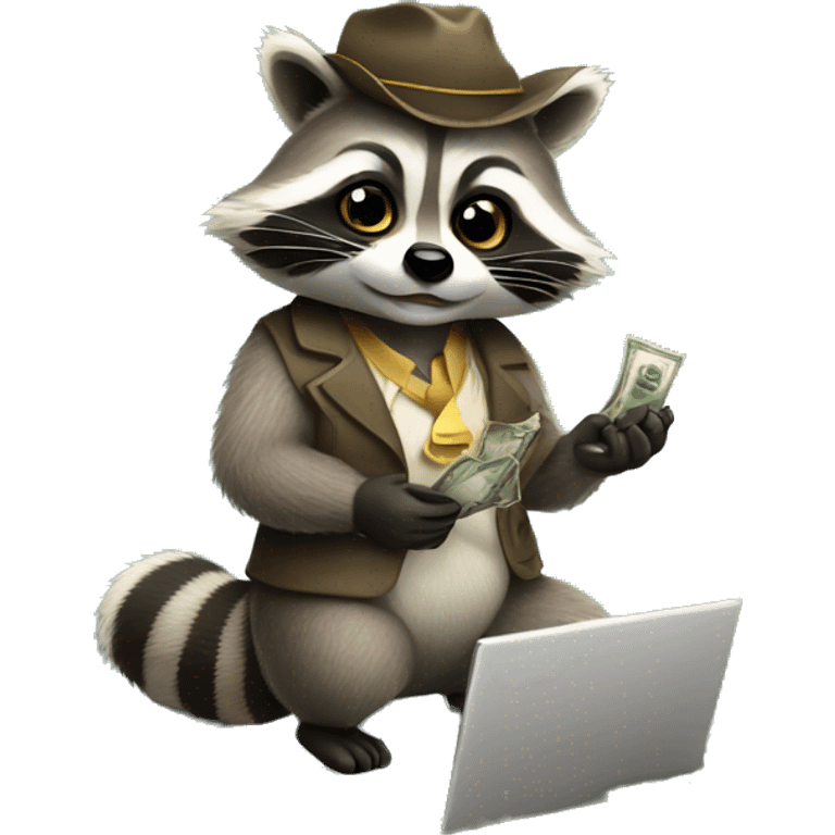 rich raccoon with laptop and money in hand emoji