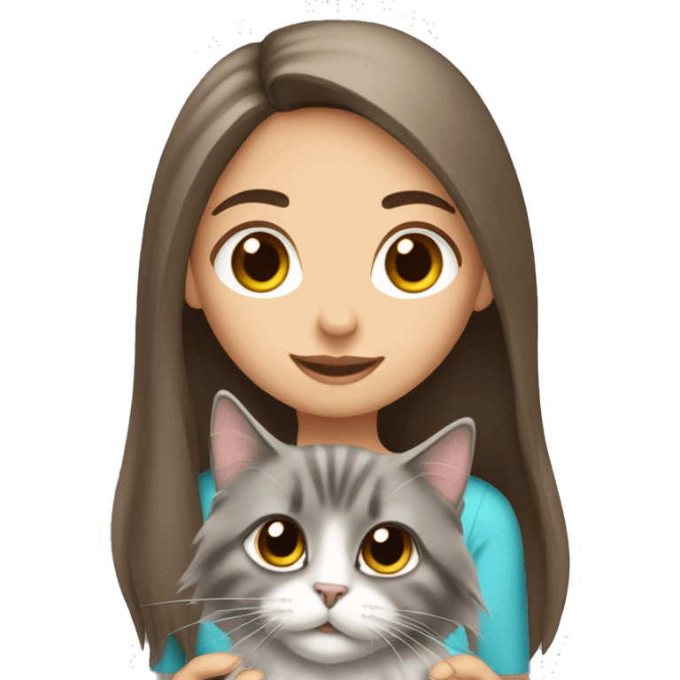 Brown straight hair girl with holding fluffy Siberian gray cat  emoji