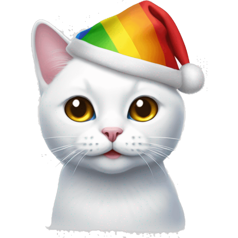 White cat with Christmas cap holding an lgbt flag emoji