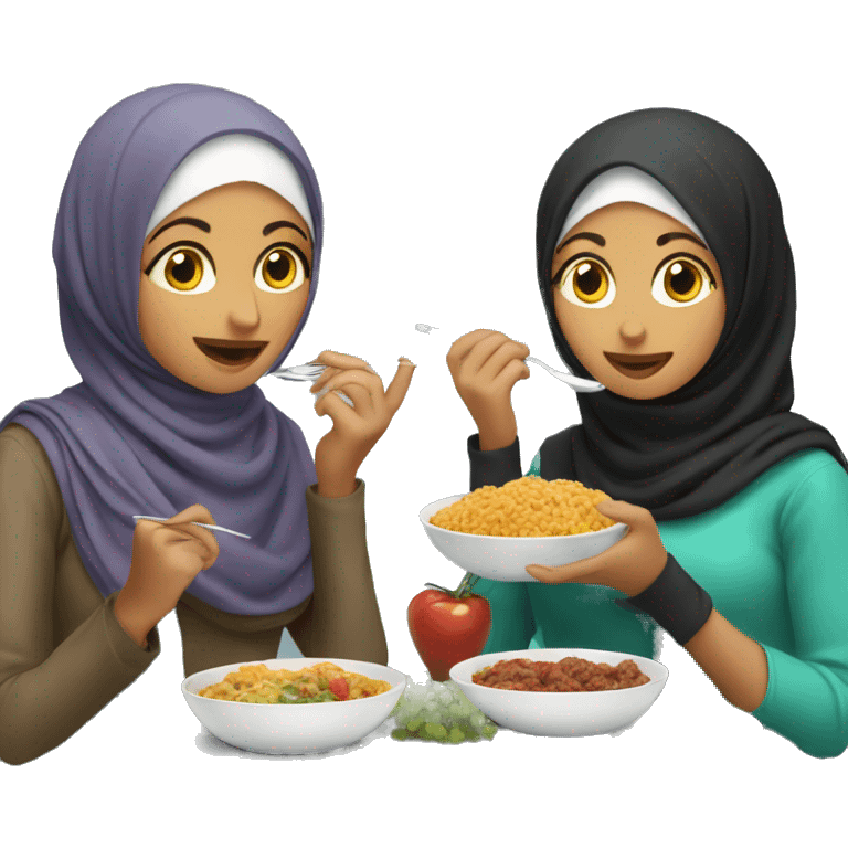 2 women, hijabi, eating food emoji