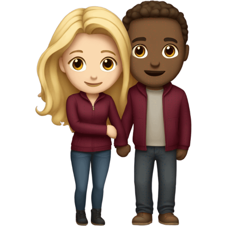 Cute couple hugging with burgundy clothes, she has blonde log hair and he has brown hair emoji