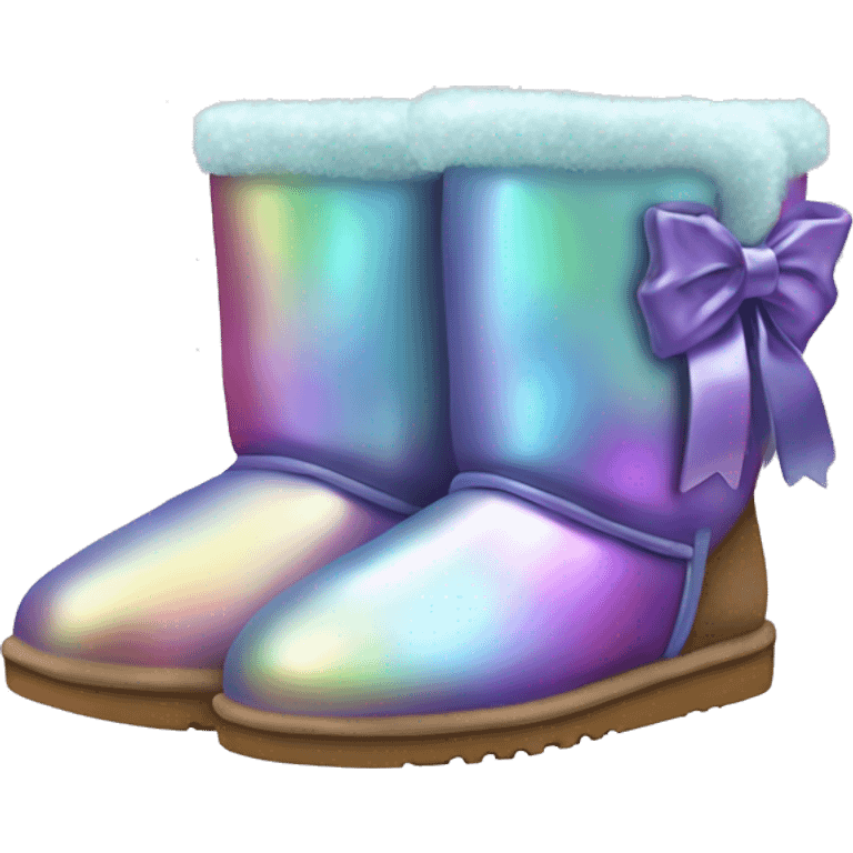 Pair of iridescent Ugg fur boots with ribbon bows. emoji