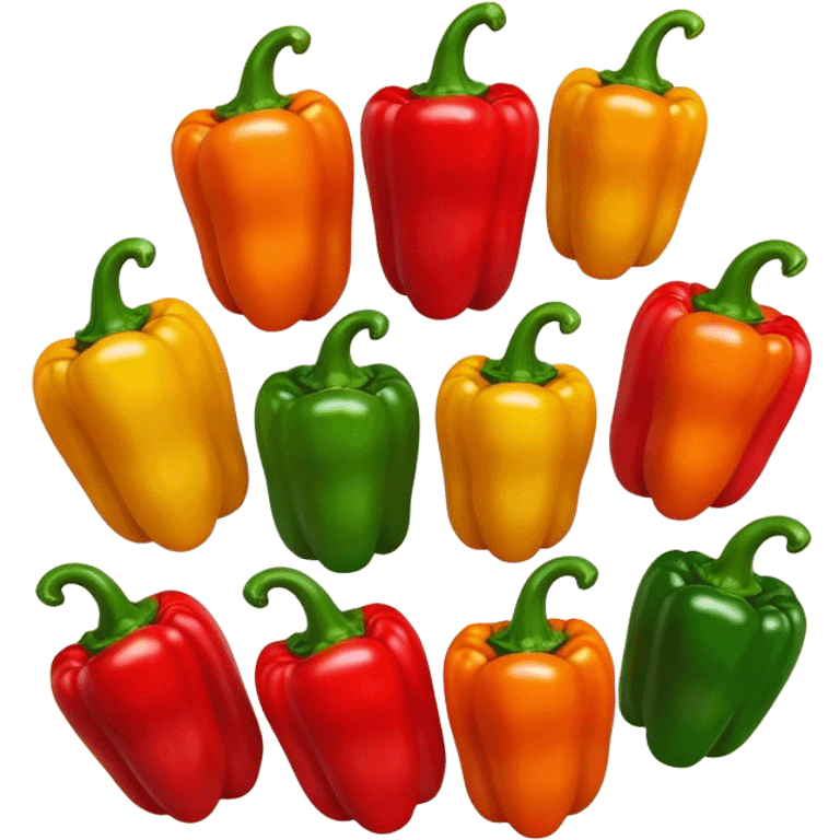 Cinematic bright colorful peppers, glossy and fresh, arranged in a vibrant mix of red, yellow, and green, warm glowing background, fresh and lively. emoji