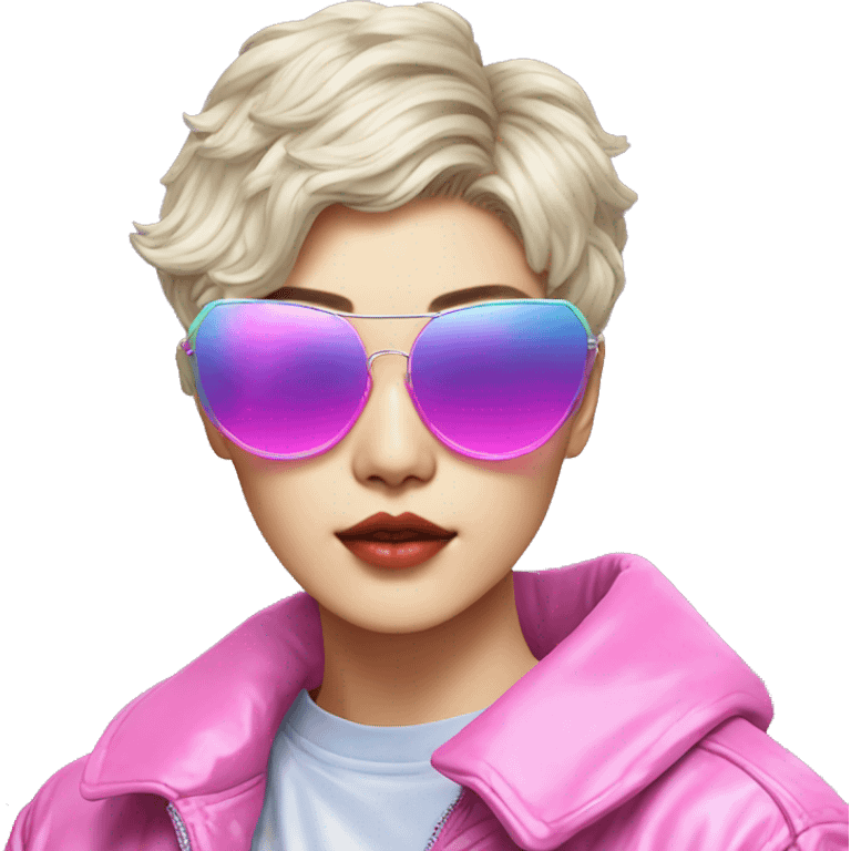 a short-haired Taiwanese lesbian with vaporwave style, sunglasses with vaporwave image on it. emoji