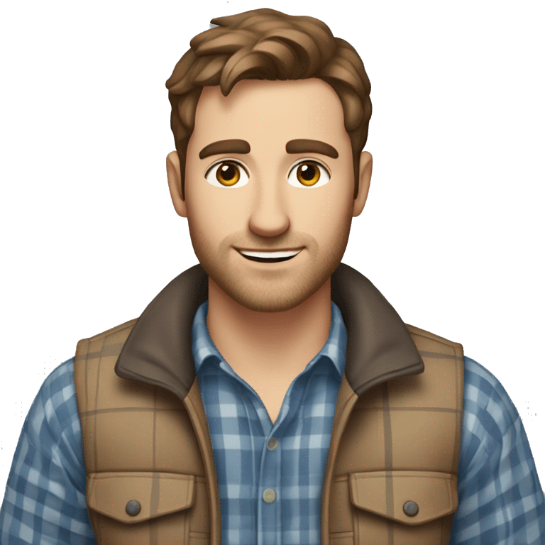 a white 30 year old man with brown hair and stubble in a plaid shirt and gilet  emoji