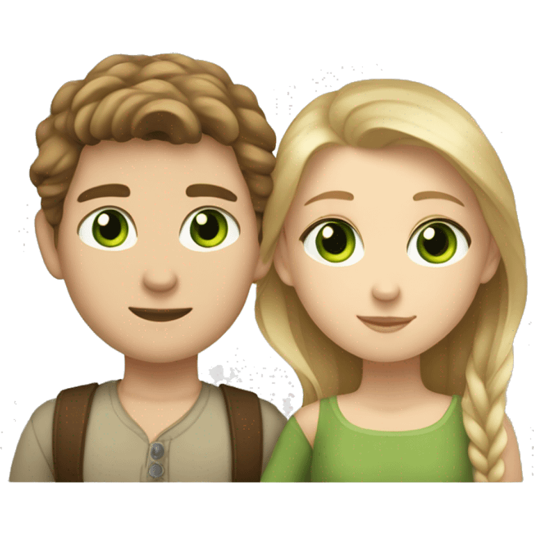 Slavic white girl with brown hair with green eyes and Slavic white boy with blond hair hugging each other  emoji