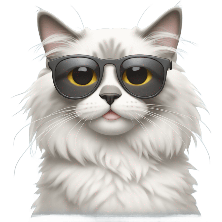 White and grey ragdoll Cat with sunglasses doing a peace sign emoji