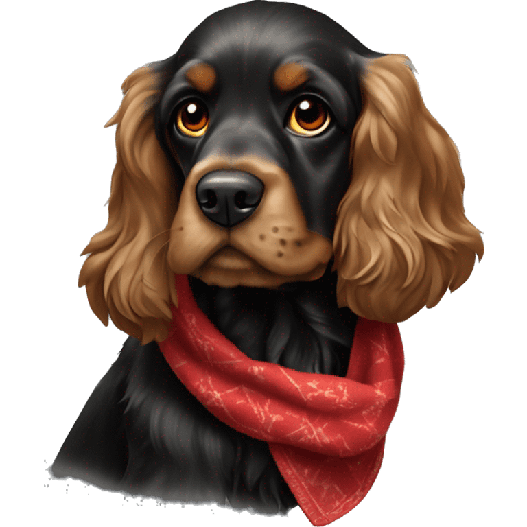 Cocker spaniel anglais noir et feu avec un foulard rouge comme colier  emoji