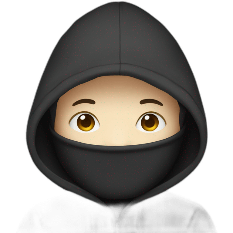 programmer with hoodie hood, no face and a laptop. Black hoodie and white face emoji