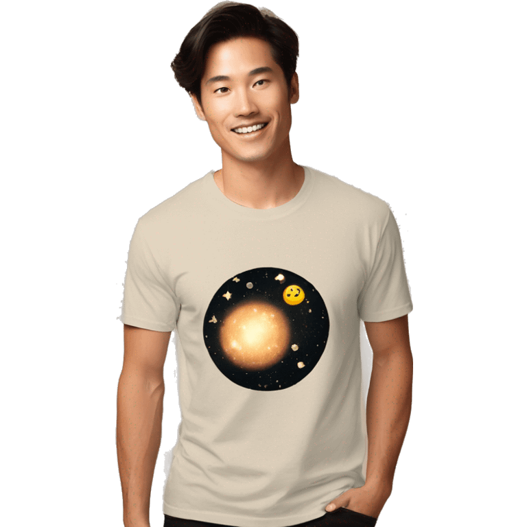 Person wearing vintage sepia T shirt with nebulas galaxies and constellations star map celestial illustration t shirt emoji