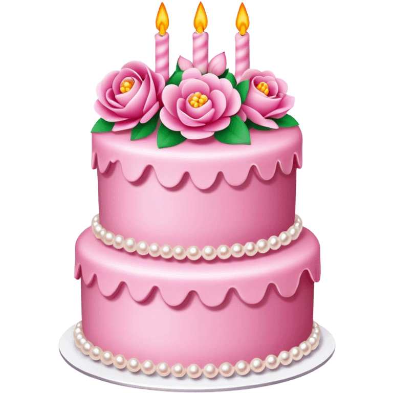 Three layer highly detailed pink celebration cake adorned with flowers and pearls emoji