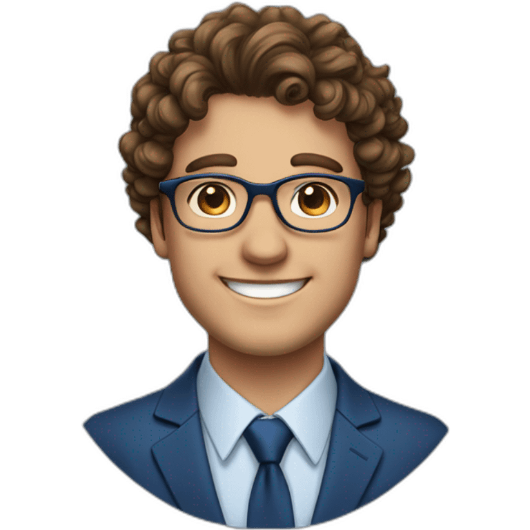 Young big Business man with brown curly hair, sidecut and round Glasses, smiling, european, blue suit, without tie emoji