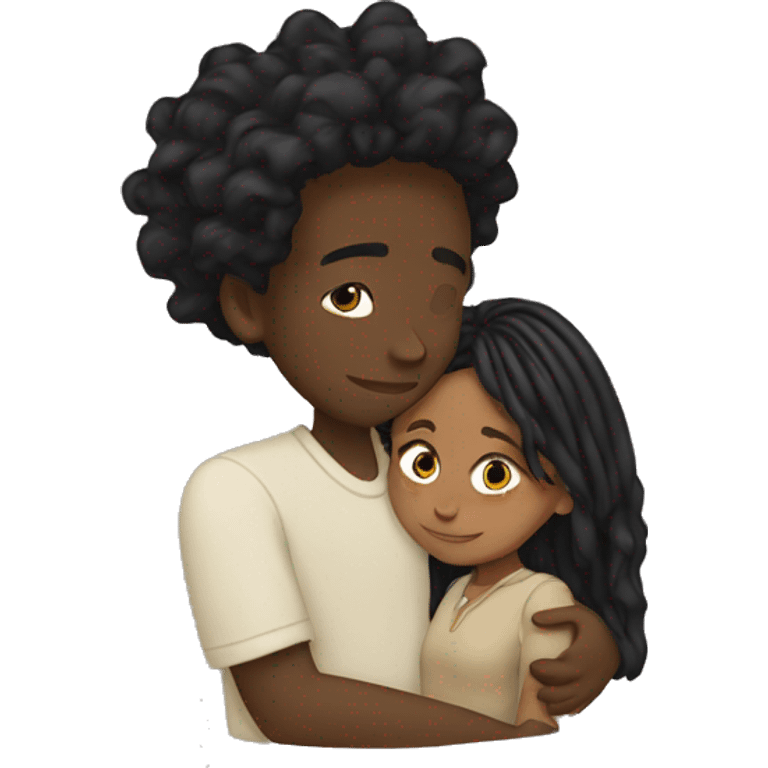 Brown girl with wavy hair hugging black boy who has dreads  emoji