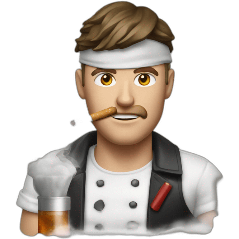 white man with eyepatch and smoking cigarette on top of tbone steak emoji