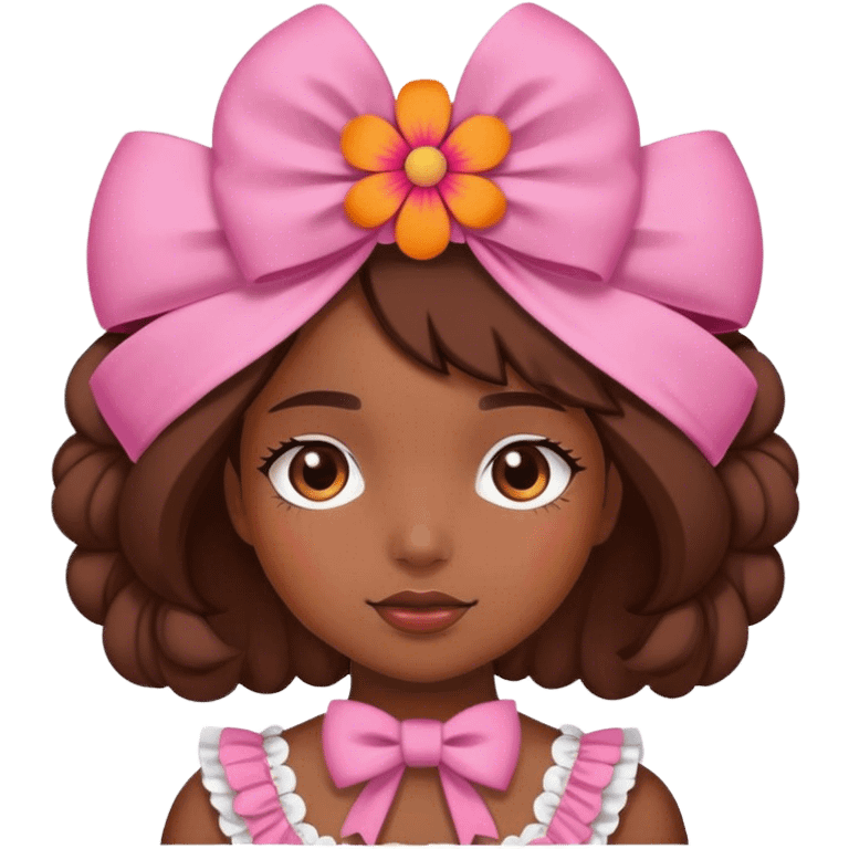 Girl wearing a pink and orange flower bonnet that ties into a bow in the front emoji