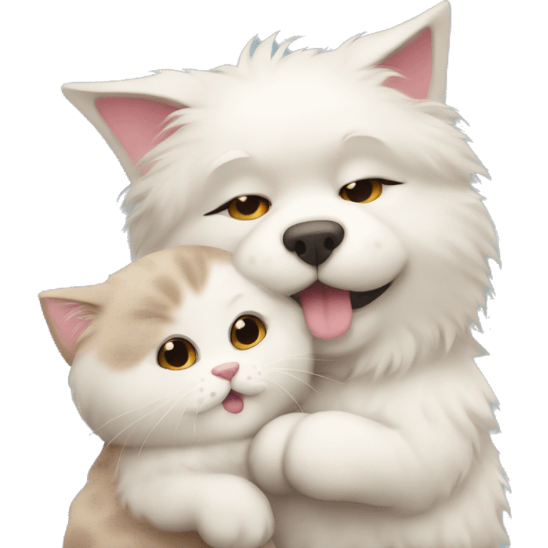 Cute fluffy cat cuddling with a cute fluffy chubby dog emoji