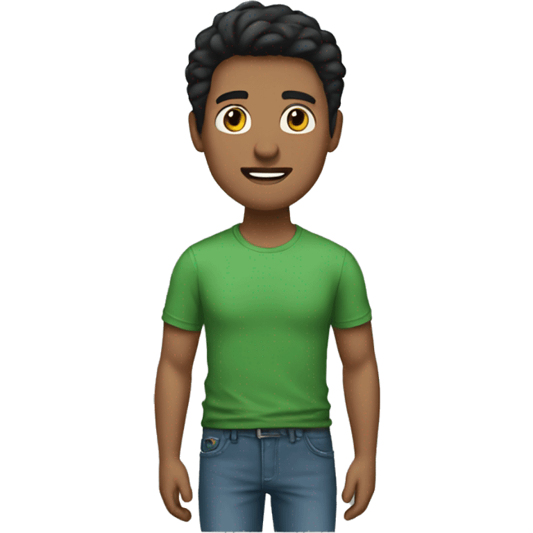 a man with short black hair wearing a green Tshirt and blue jeans emoji