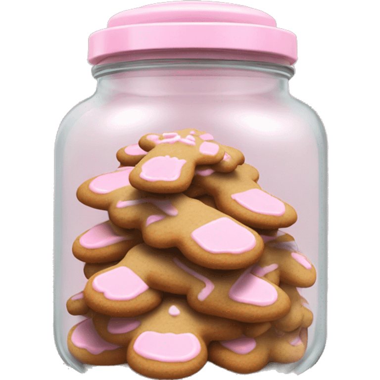 Realistic glass cookie jar with light pink lid full of gingerbread cookies isolated.  emoji