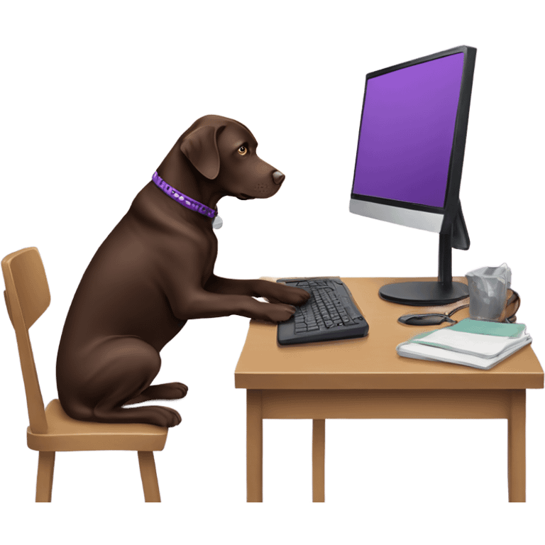 Chocolate lab working on computer with small headset , food on desk, wearing purple sweater  emoji