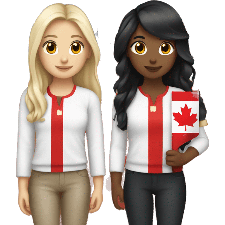 4 girls holding canada flag one brunette, one black hair and two with blonde hair  emoji