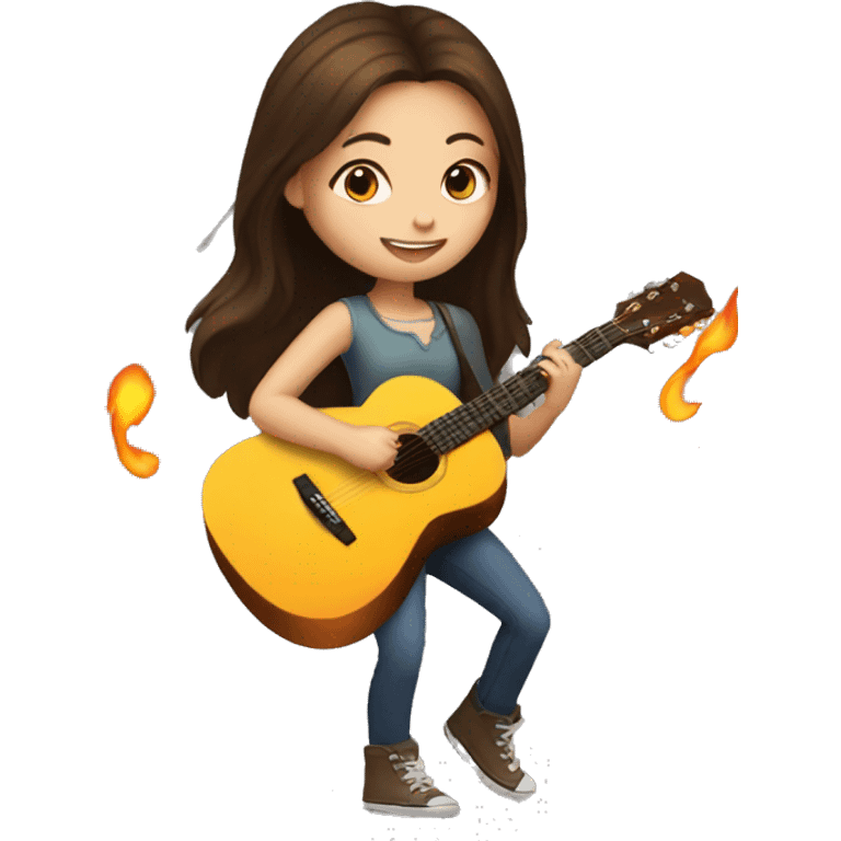 Brunette girl playing an acoustic guitar with fire around her emoji