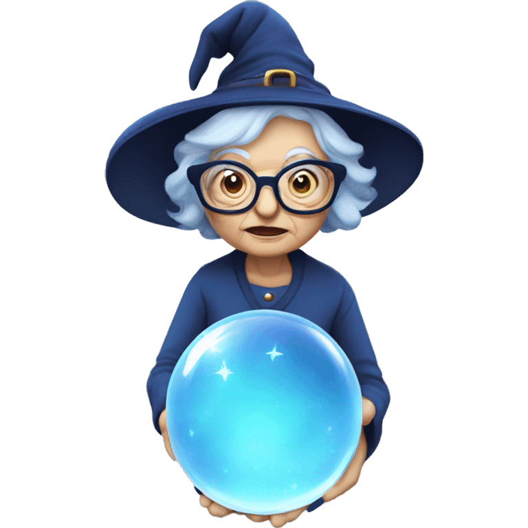 smart granny witch with glasses and blue hat in crystal ball emoji