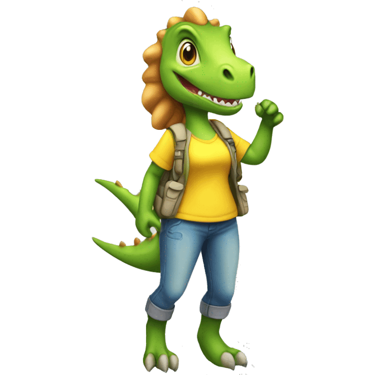 Female dinosaur with Yellow shirt and earrings exploring the nature  emoji