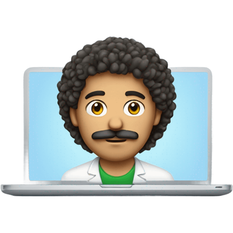 no glasses, Mexican school IT technician with apple laptop and with curly hair and mustache and beard  emoji