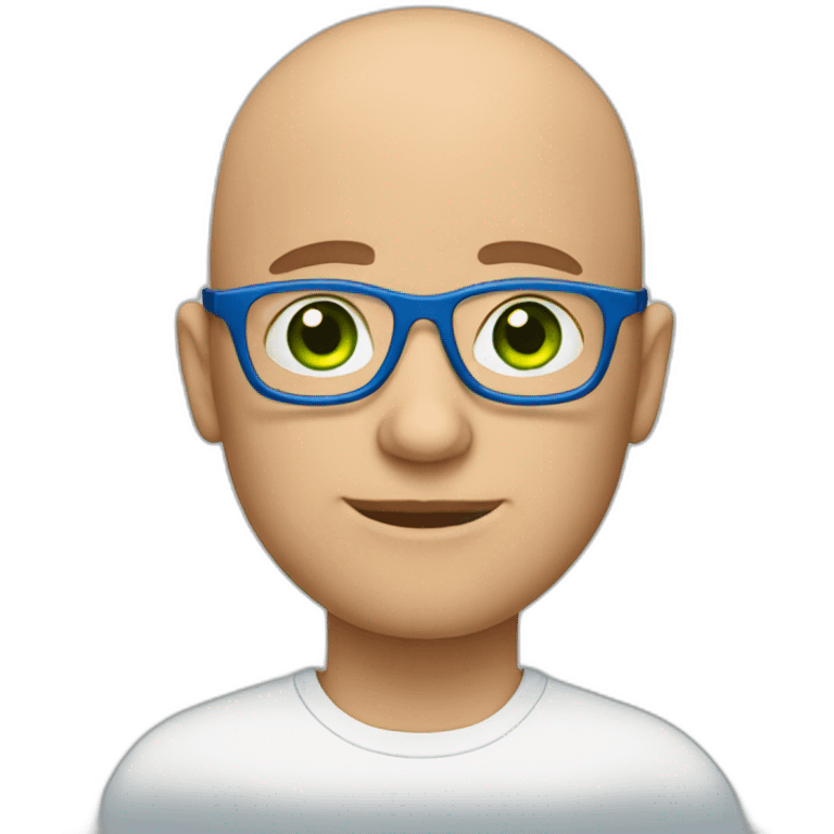 bald guy wearing glasses with a blue frame, green eyes emoji