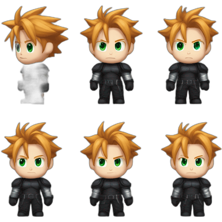 Ginger hair cloud strife hero with black gear clothes full body. Left eye evil emoji