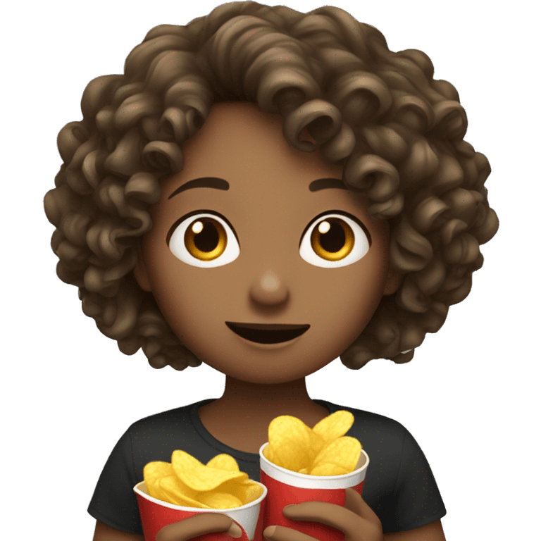 A Curly brown hair girl eating chips emoji