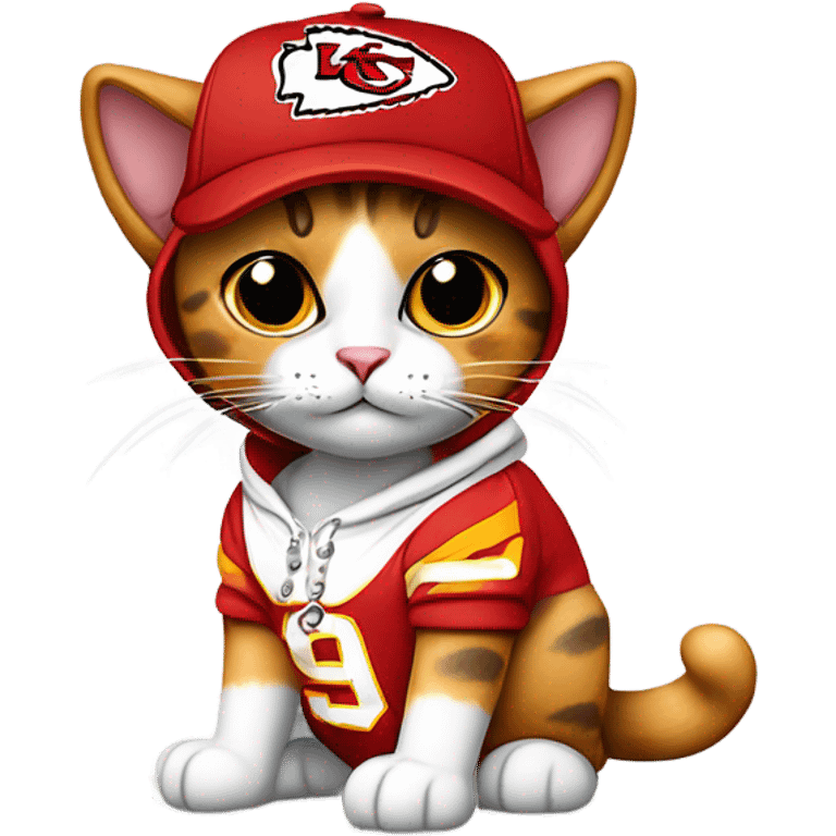 Calico cat wearing KC chiefs hoodie and chiefs ball cap emoji