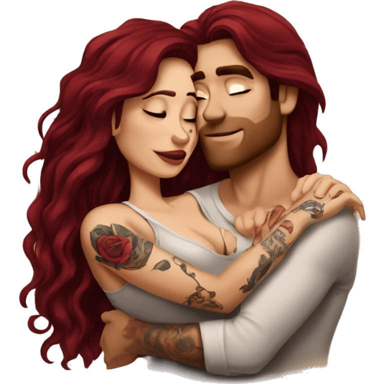 Beautiful tattooed burgundy long haired woman laying on the boyfriends chest emoji