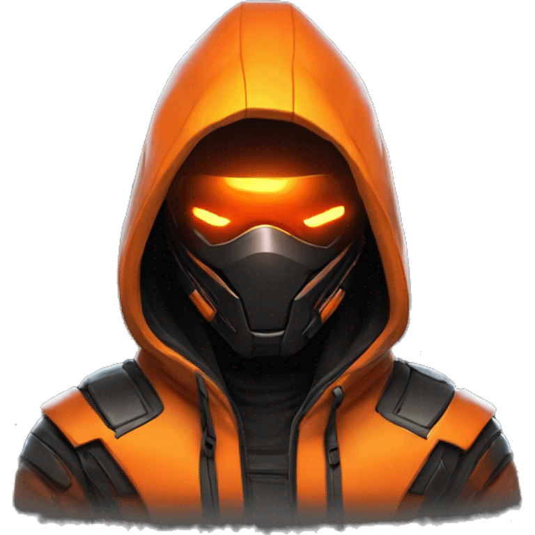  developer behind his laptop with this style : crysis Cyberpunk Valorant orange glowing bright orange character orange black hooded assassin themed character emoji