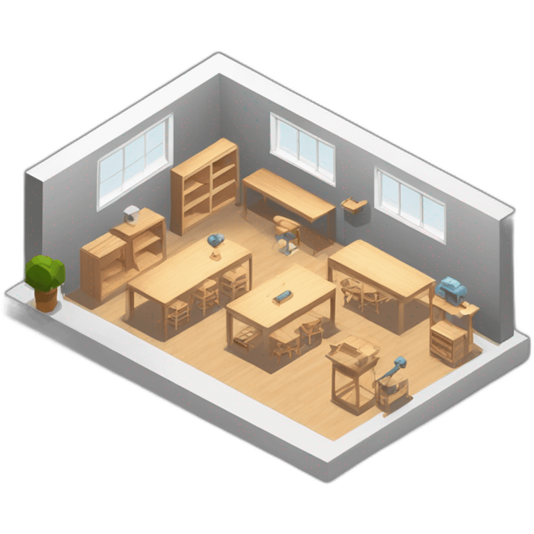 isometric square solid outline border containing indoor creative workshop handmade woodworking factory people actively working cnc machine tools simple clean industrial brutalist emoji