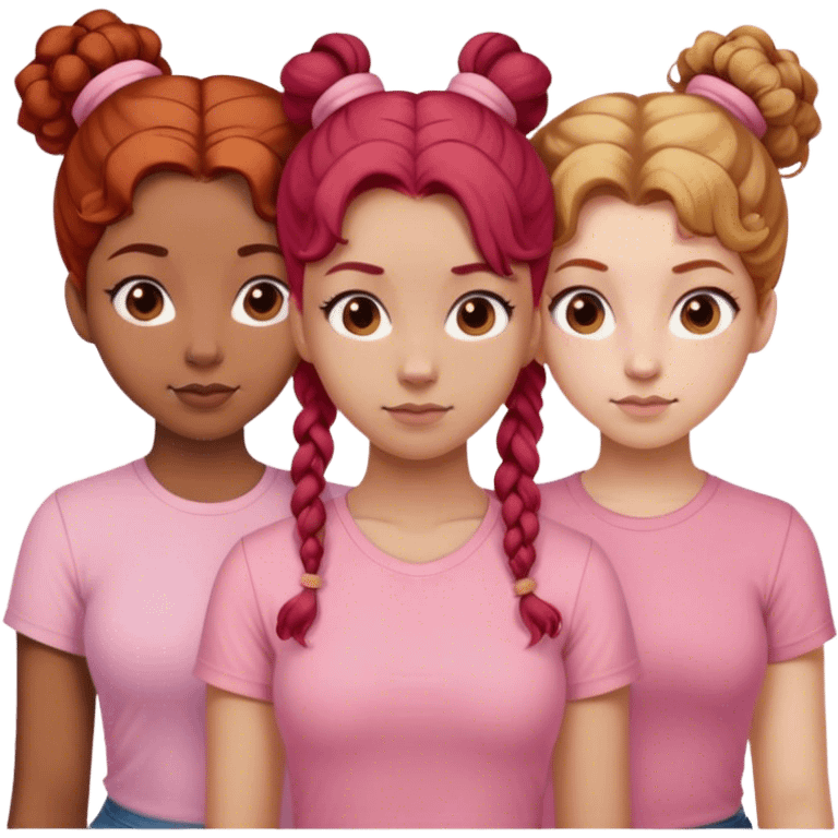 Three sisters one of them have red hair with buns. One of them have dirty blonde hair with ponytail. One of them have white curls with brown hair and they are all wearing pink shirts emoji