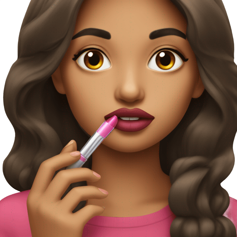 brunette girl putting lipgloss on her lips emoji