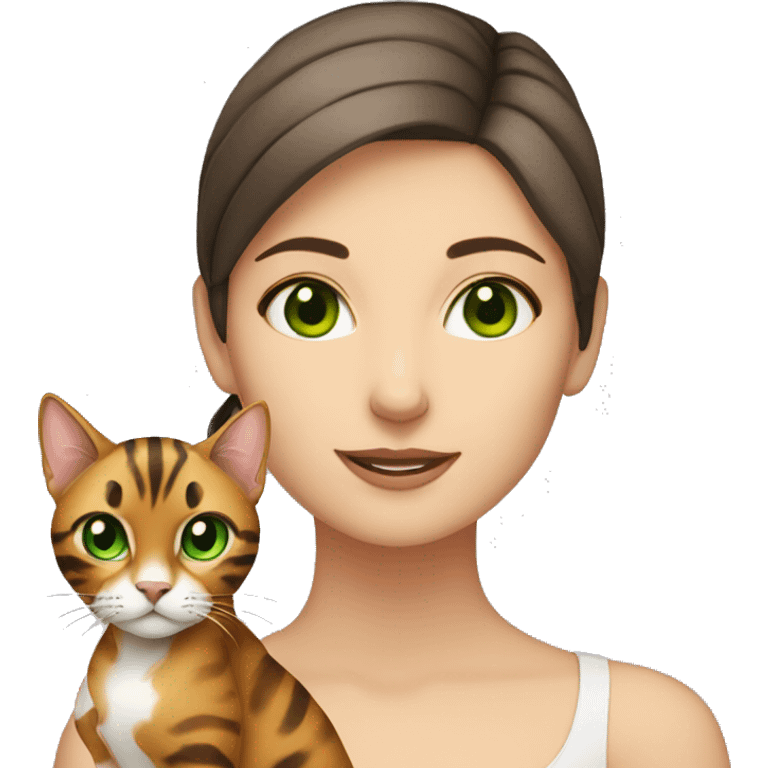 White skin brunette with bengal cat with green eyes emoji