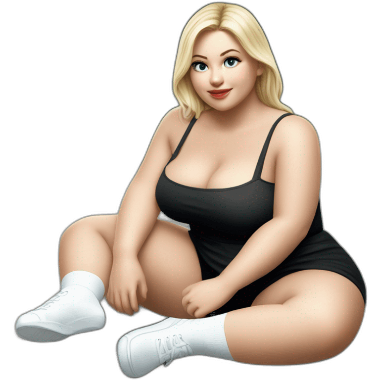 hyperrealistic-full-body-caucasian-curvy-beauty-sitting on the ground-small black-skirt-white knickers white socks emoji