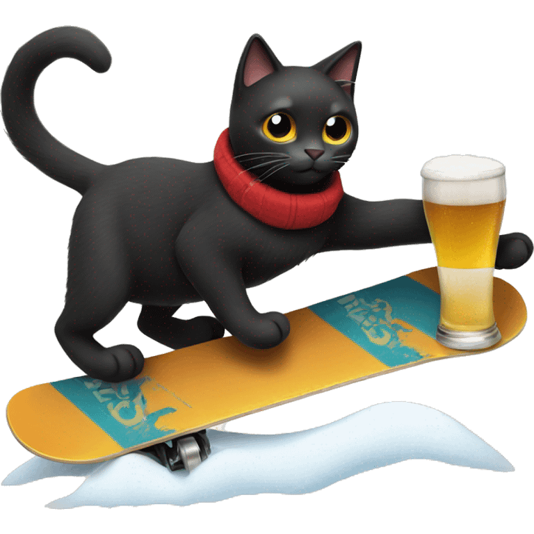 Black cat snowboarding with a beer emoji