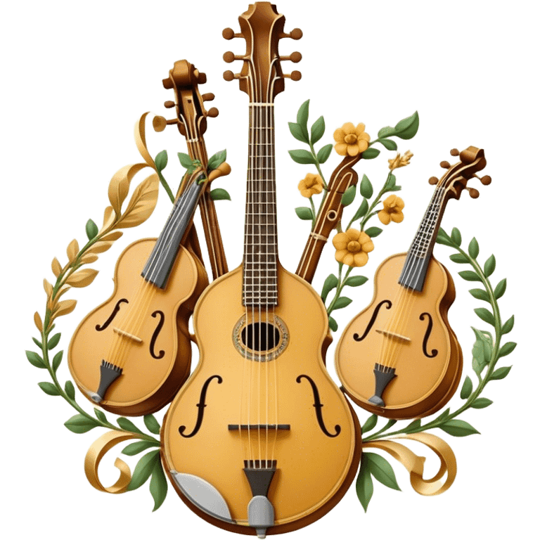 Create an intricate, festive, and emblematic emoji symbolizing plucked string instruments. The design should resemble a regal crest, featuring instruments like a banjo, mandolin, domra, sitar, and other plucked strings, arranged symmetrically in an ornate composition. Their necks and strings should elegantly intertwine with a flowing ribbon of musical notes, wrapping gracefully around the instruments. The overall shape should be grand and balanced, evoking a sense of tradition and celebration. Use a rich and refined color palette with gold, deep mahogany, and vibrant accents, adding intricate wood textures, decorative inlays, and metallic tuning pegs for a professional, polished look. The background should be transparent, making the emblem stand out as an independent artistic mark emoji