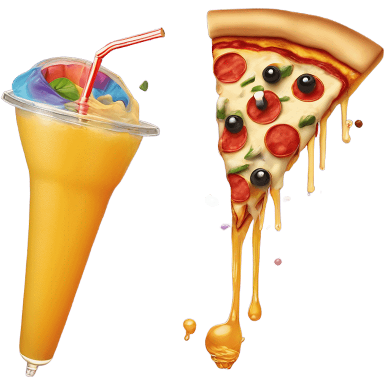 A pizza and a juice box flying  emoji